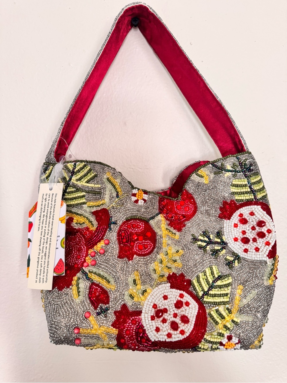 Beaded Red Pomegranate Clutch with Wrist Handle